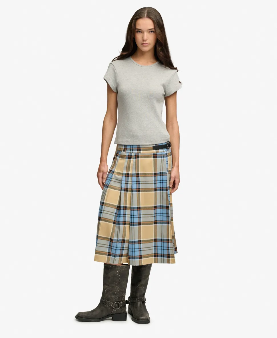 Check Pleated Midi Skirt