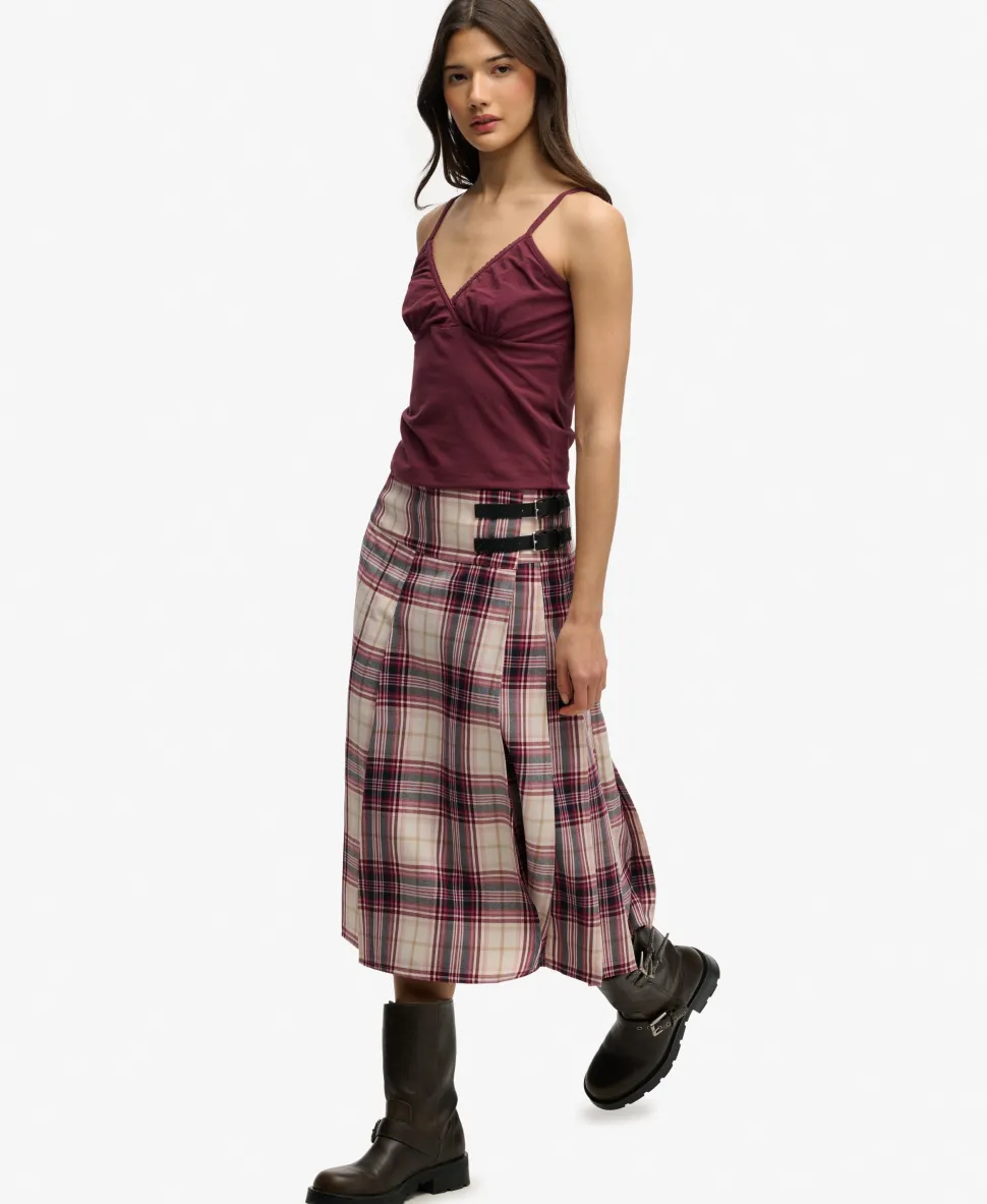 Check Pleated Midi Skirt