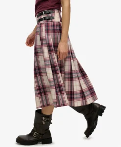 Check Pleated Midi Skirt