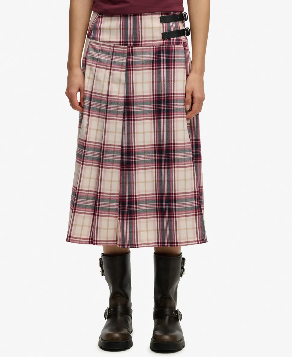 Check Pleated Midi Skirt