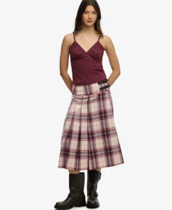 Check Pleated Midi Skirt