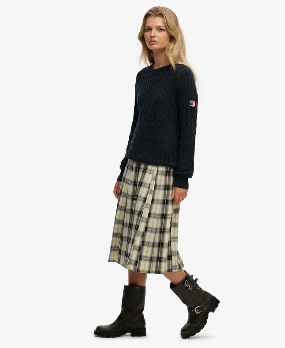 Check Pleated Midi Skirt