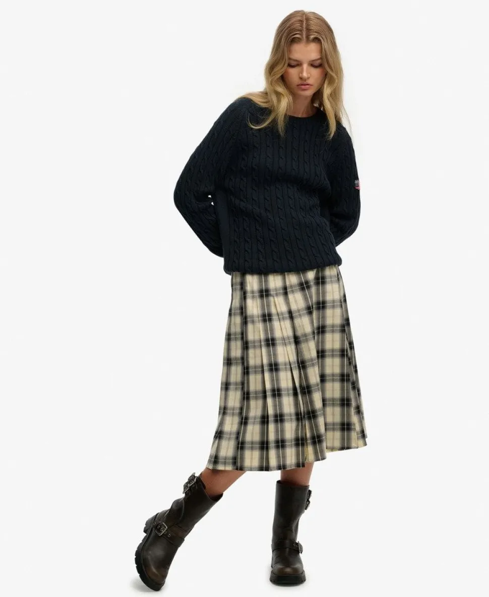 Check Pleated Midi Skirt