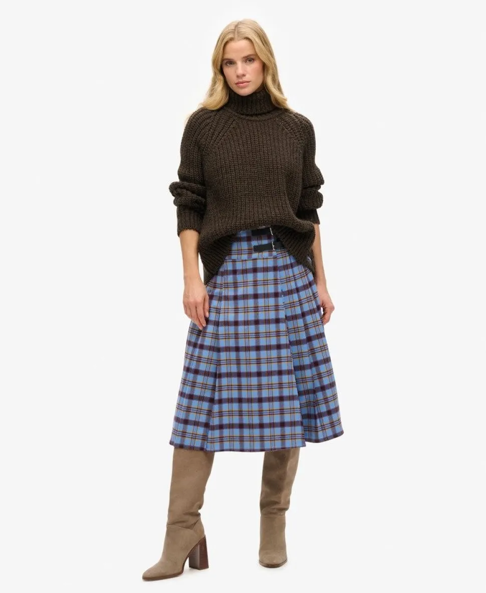 Check Pleated Midi Skirt