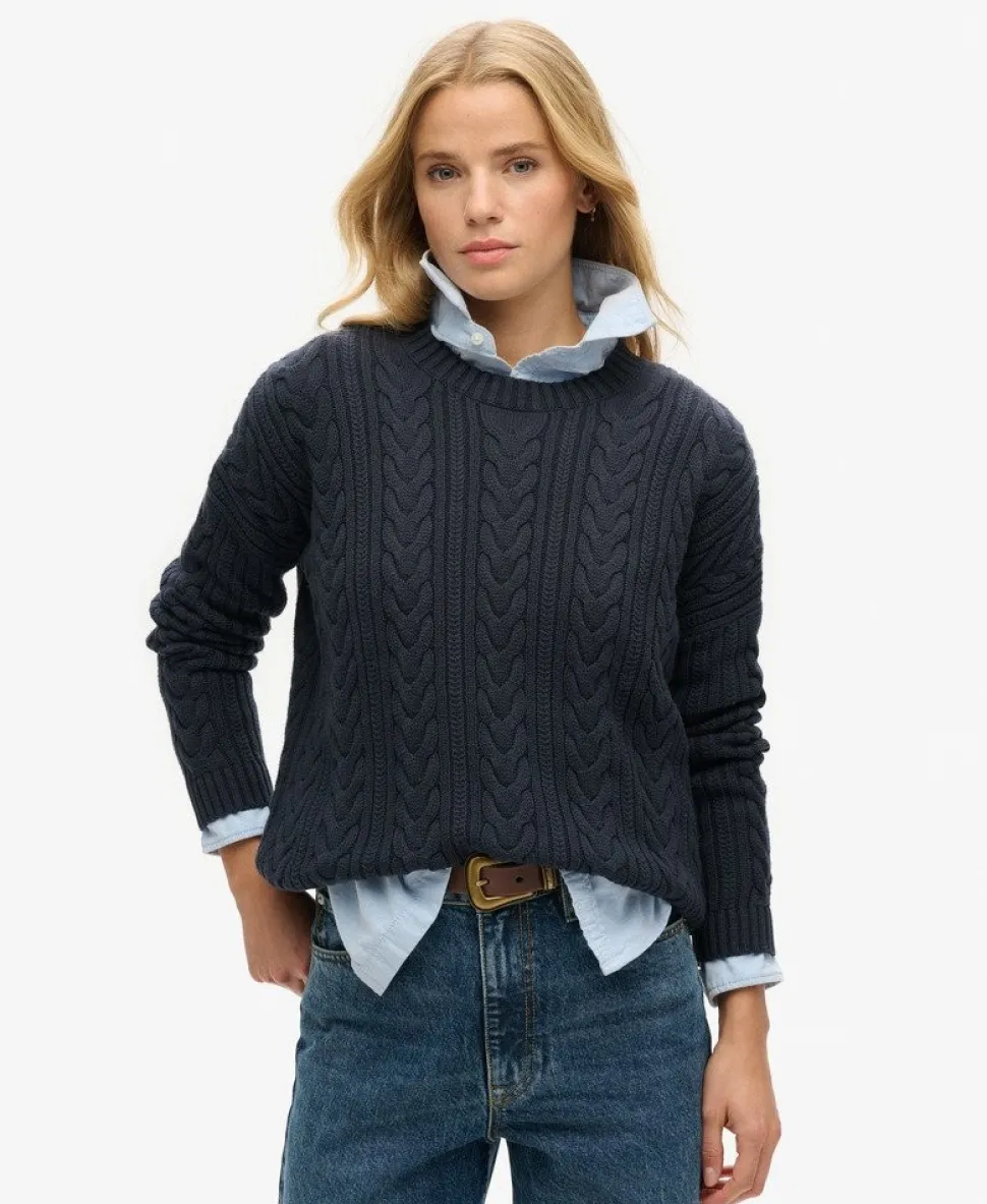 Dropped Shoulder Cable Knit Crew Neck Jumper