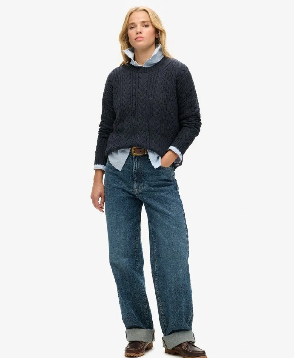 Dropped Shoulder Cable Knit Crew Neck Jumper