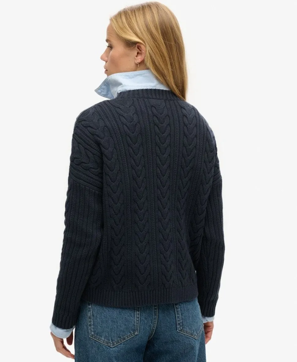 Dropped Shoulder Cable Knit Crew Neck Jumper