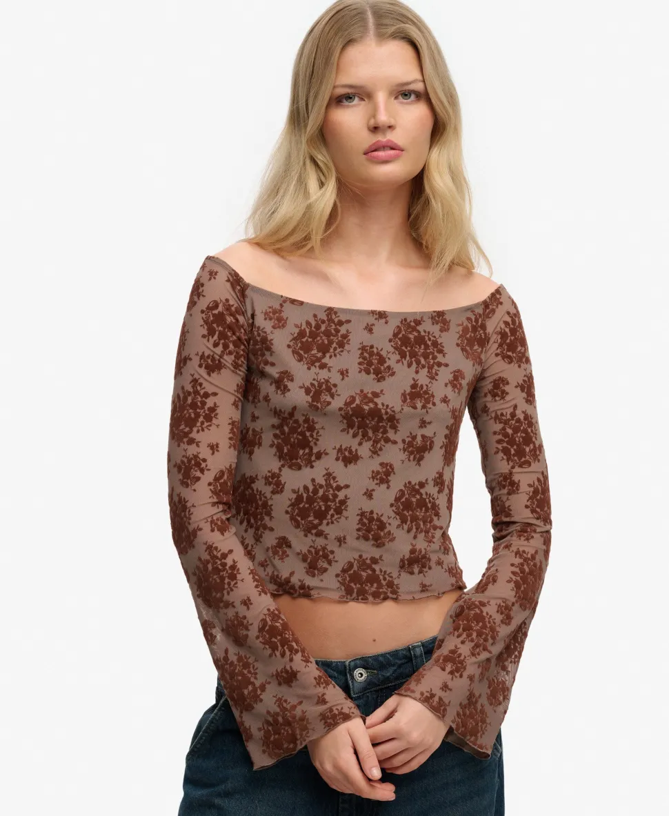 Flocked Mesh Long Sleeve Top