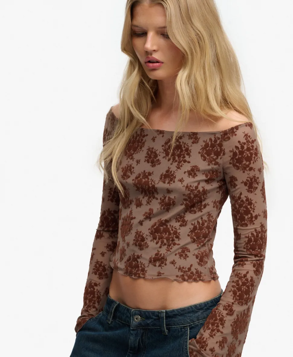 Flocked Mesh Long Sleeve Top