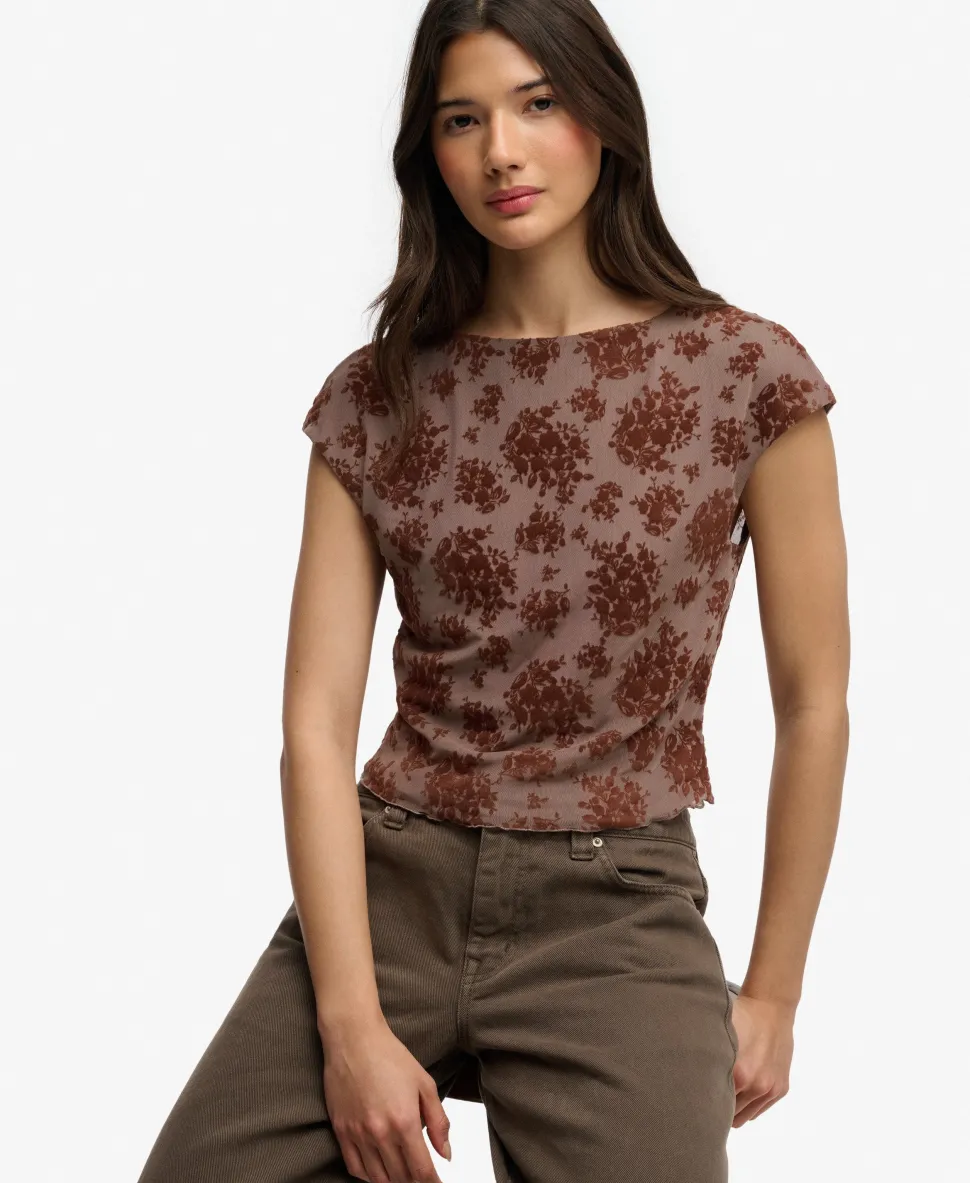 Flocked Mesh Short Sleeve Top