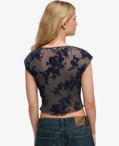 Flocked Mesh Short Sleeve Top
