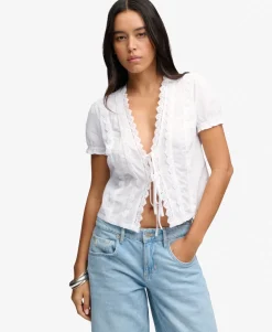 Lace Trim Tie Blouse