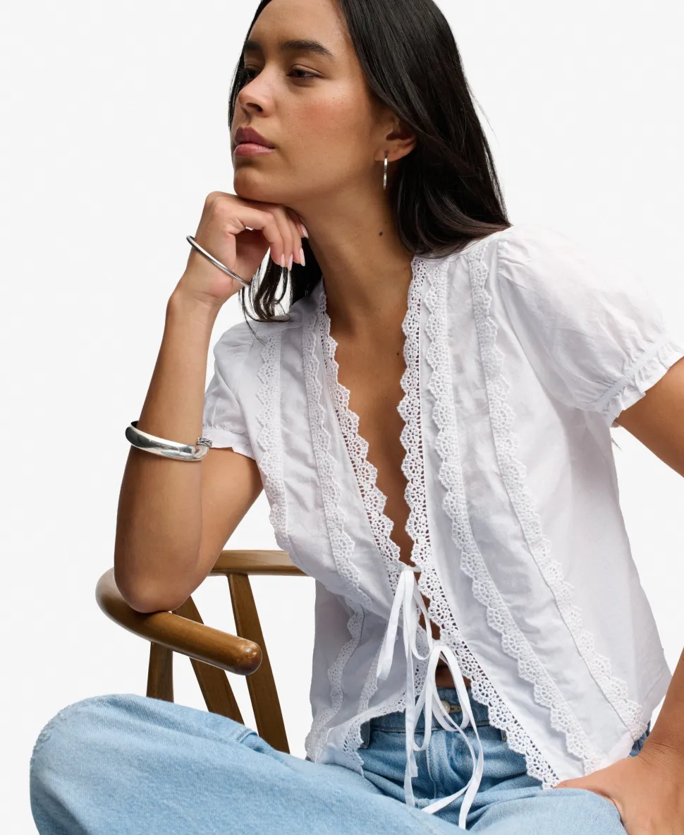 Lace Trim Tie Blouse