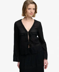 Long Sleeve Lace Tie Front Top