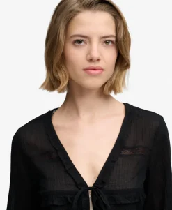 Long Sleeve Lace Tie Front Top