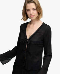 Long Sleeve Lace Tie Front Top