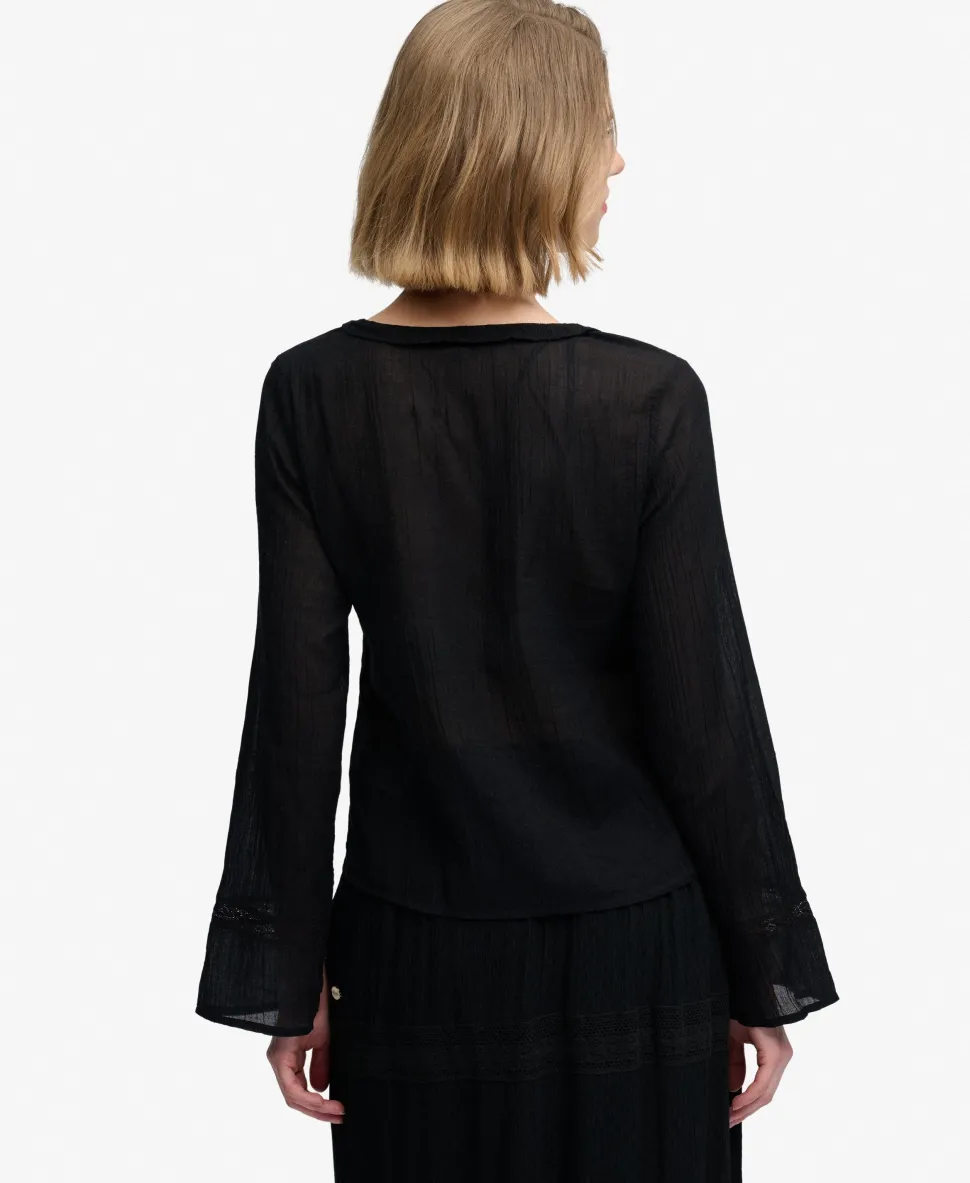 Long Sleeve Lace Tie Front Top