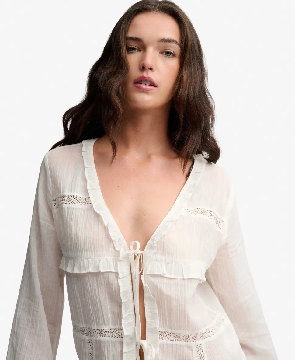 Long Sleeve Lace Tie Front Top