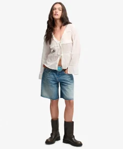 Long Sleeve Lace Tie Front Top