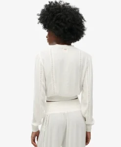 Long Sleeve Lace Trim Smocked Blouse