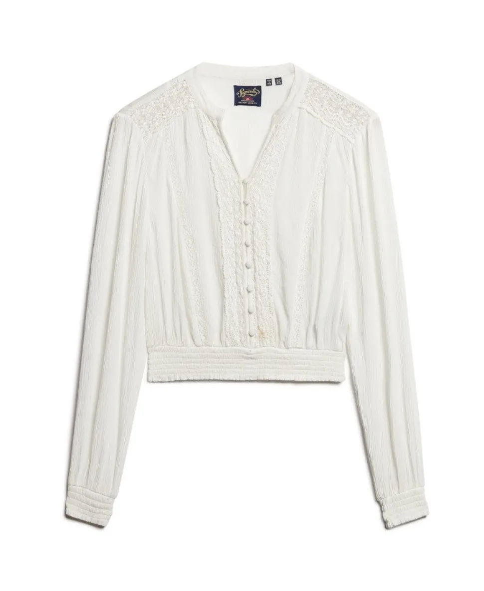 Long Sleeve Lace Trim Smocked Blouse