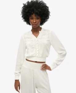 Long Sleeve Lace Trim Smocked Blouse