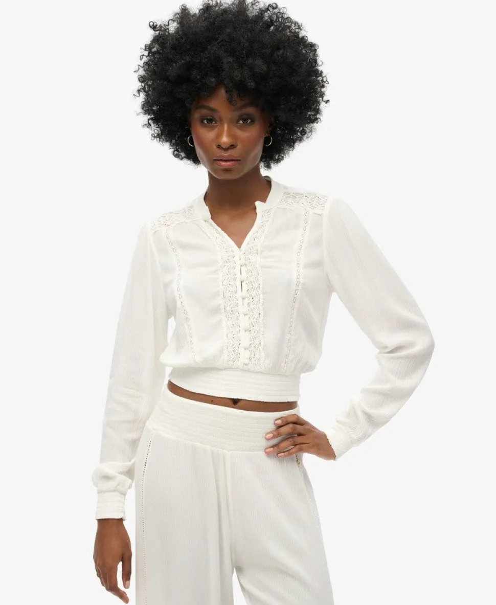 Long Sleeve Lace Trim Smocked Blouse