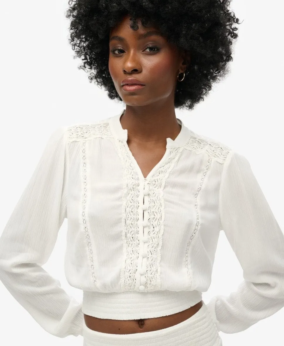 Long Sleeve Lace Trim Smocked Blouse