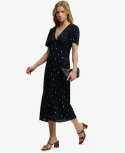 Printed Button Short Sleeve Midi Tea Dress