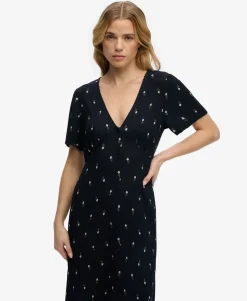 Printed Button Short Sleeve Midi Tea Dress
