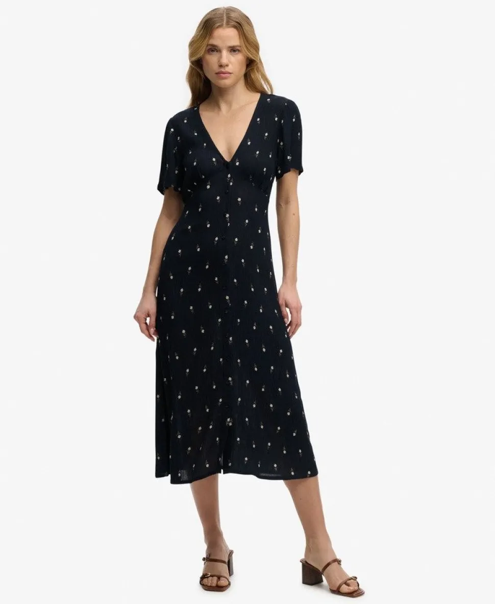 Printed Button Short Sleeve Midi Tea Dress