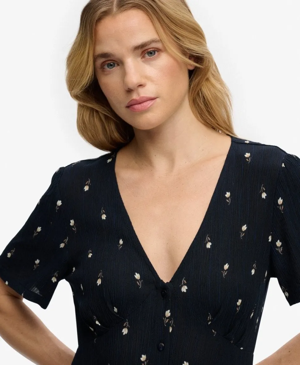 Printed Button Short Sleeve Midi Tea Dress