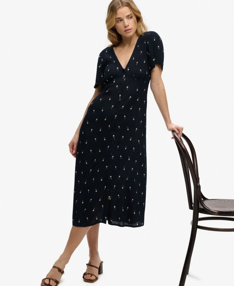 Printed Button Short Sleeve Midi Tea Dress