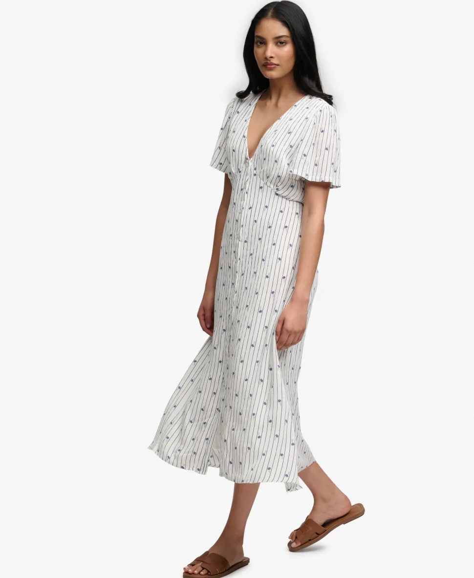 Printed Button Short Sleeve Midi Tea Dress