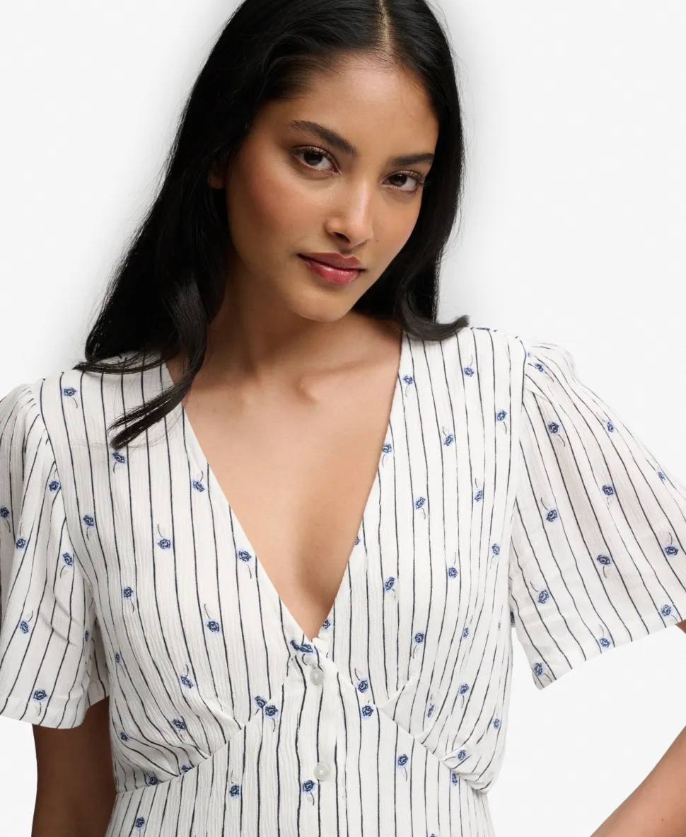 Printed Button Short Sleeve Midi Tea Dress