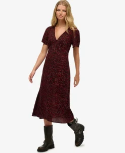 Printed Button-up Short Sleeve Midi Tea Dress