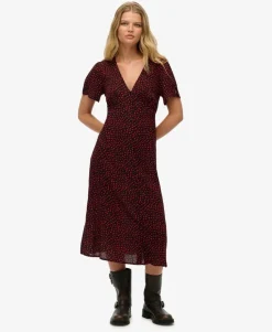 Printed Button-up Short Sleeve Midi Tea Dress