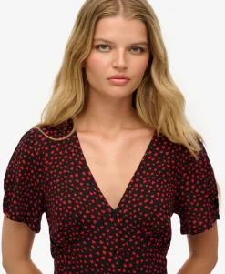 Printed Button-up Short Sleeve Midi Tea Dress