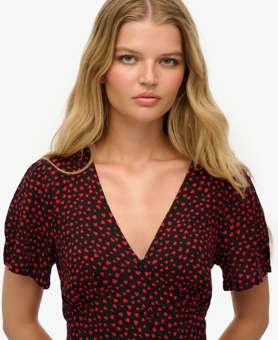 Printed Button-up Short Sleeve Midi Tea Dress