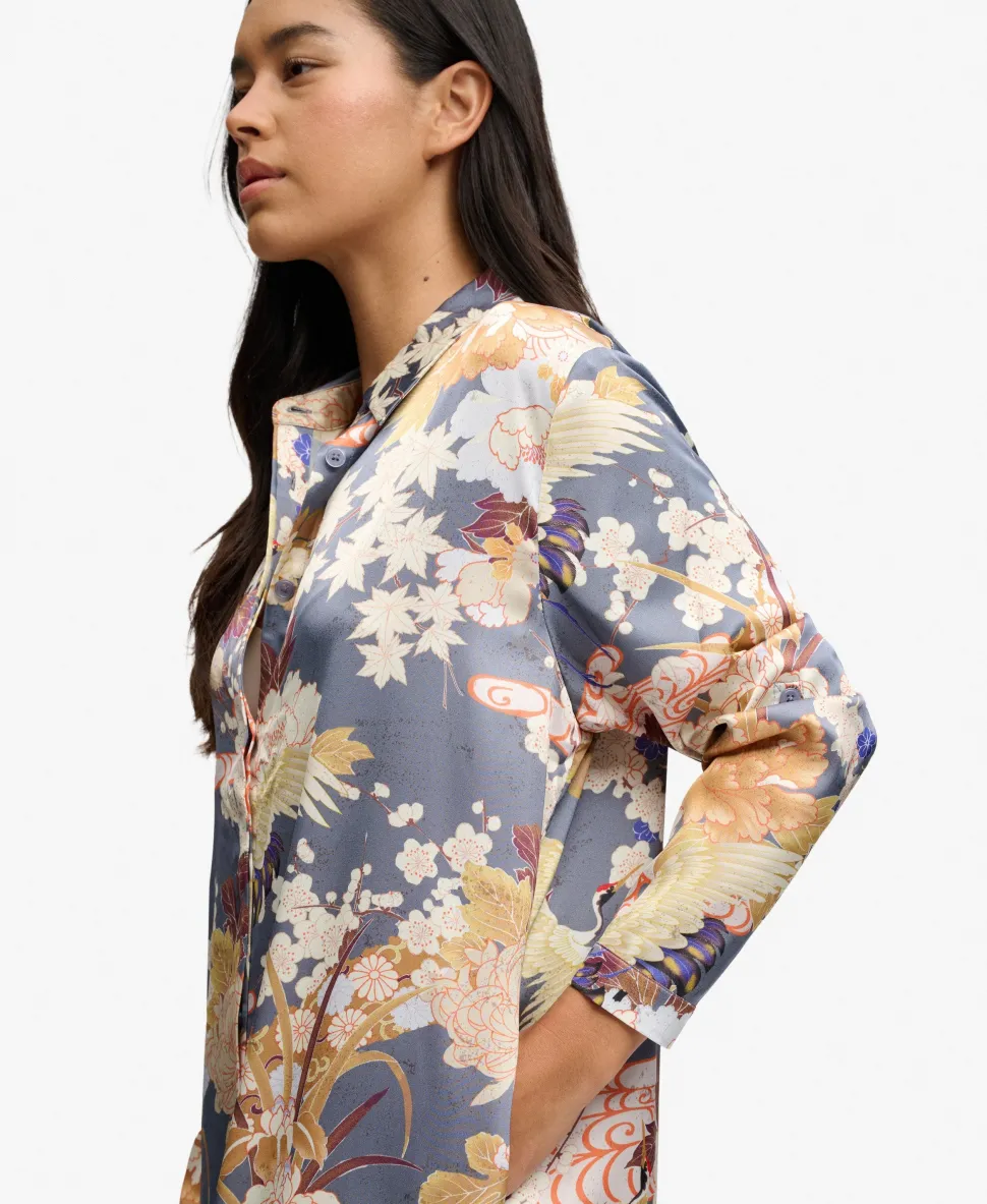 Satin Print Floral Maxi Shirt Dress
