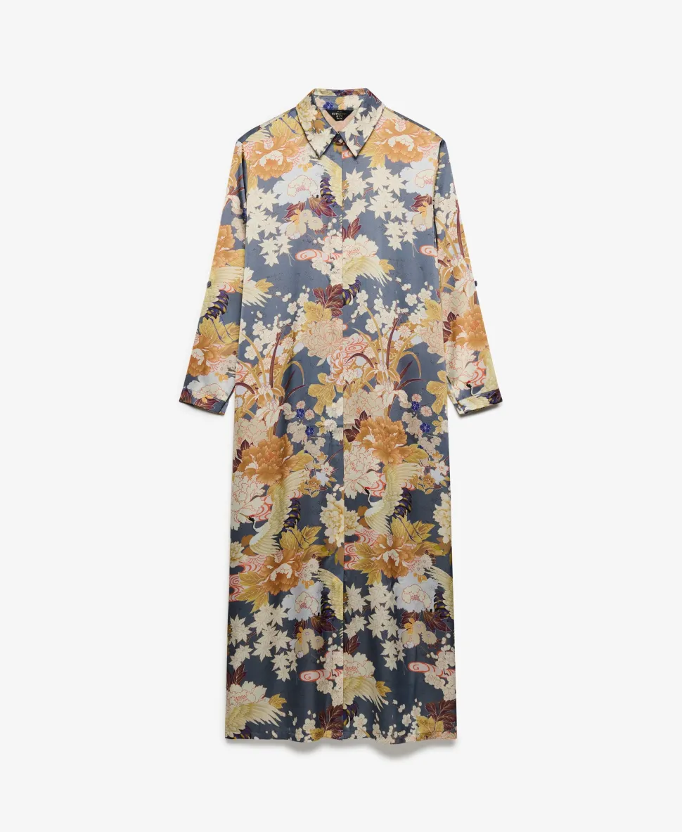 Satin Print Floral Maxi Shirt Dress