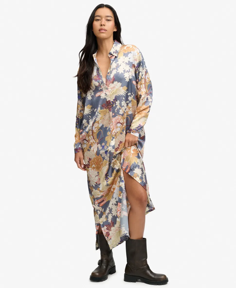Satin Print Floral Maxi Shirt Dress