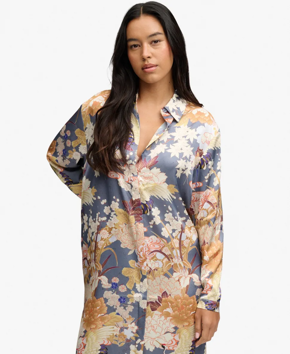 Satin Print Floral Maxi Shirt Dress