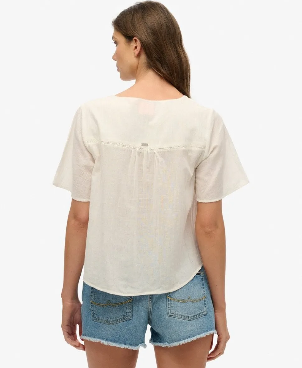 Short Sleeve Embroidered Button Top