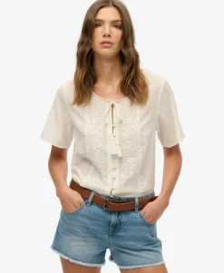 Short Sleeve Embroidered Button Top