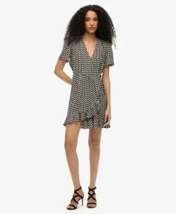 Short Sleeve Printed Mini Wrap Dress