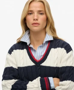 Stripe Oversized Cable V Neck Jumper