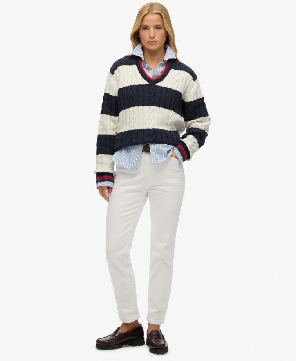 Stripe Oversized Cable V Neck Jumper