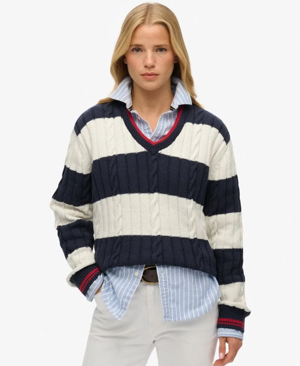 Stripe Oversized Cable V Neck Jumper